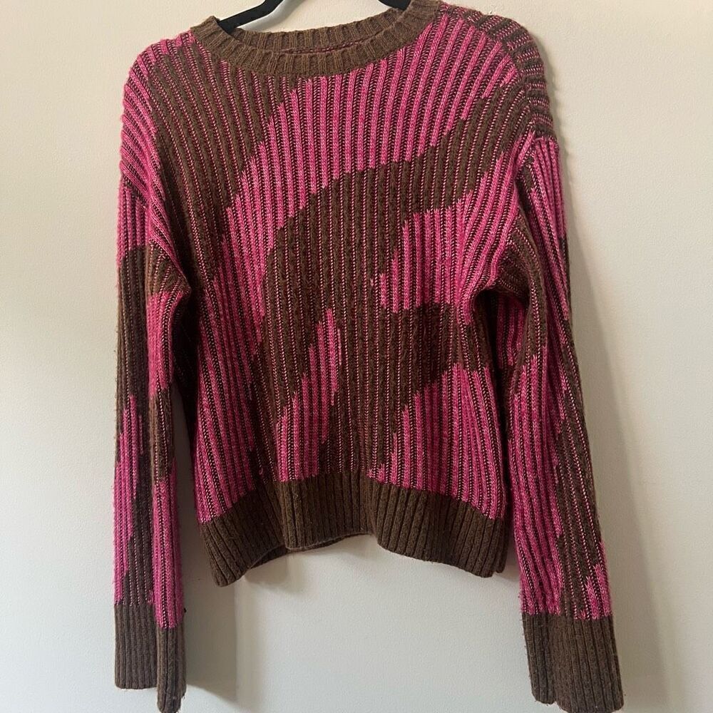 Nine West Women's Pink And Brown Ribbed Crew Neck Pullover Sweater Size XS